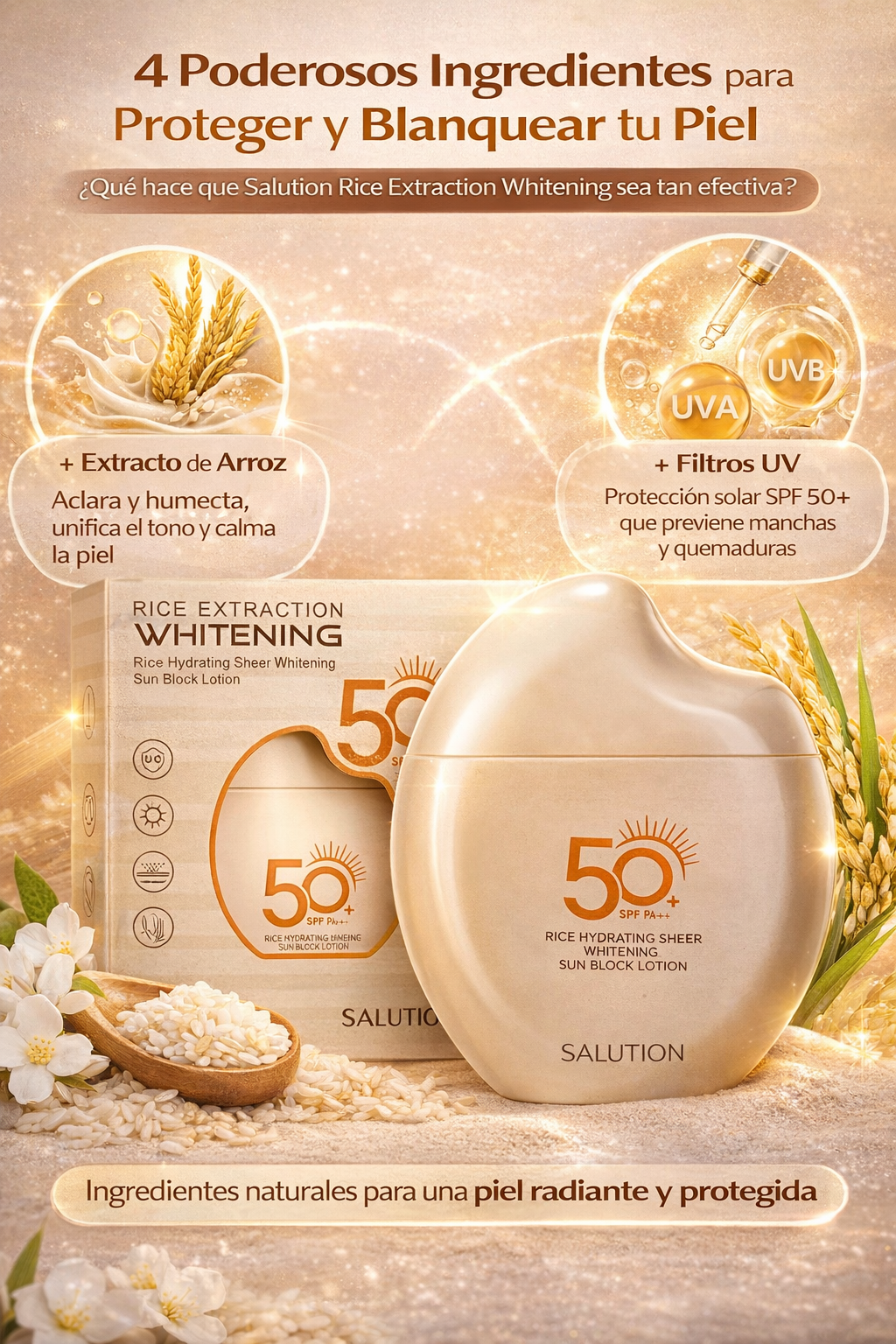 ☀️ Rice Whitening SPF 50+ – Protector Solar Hidratante con Extracto de Arroz