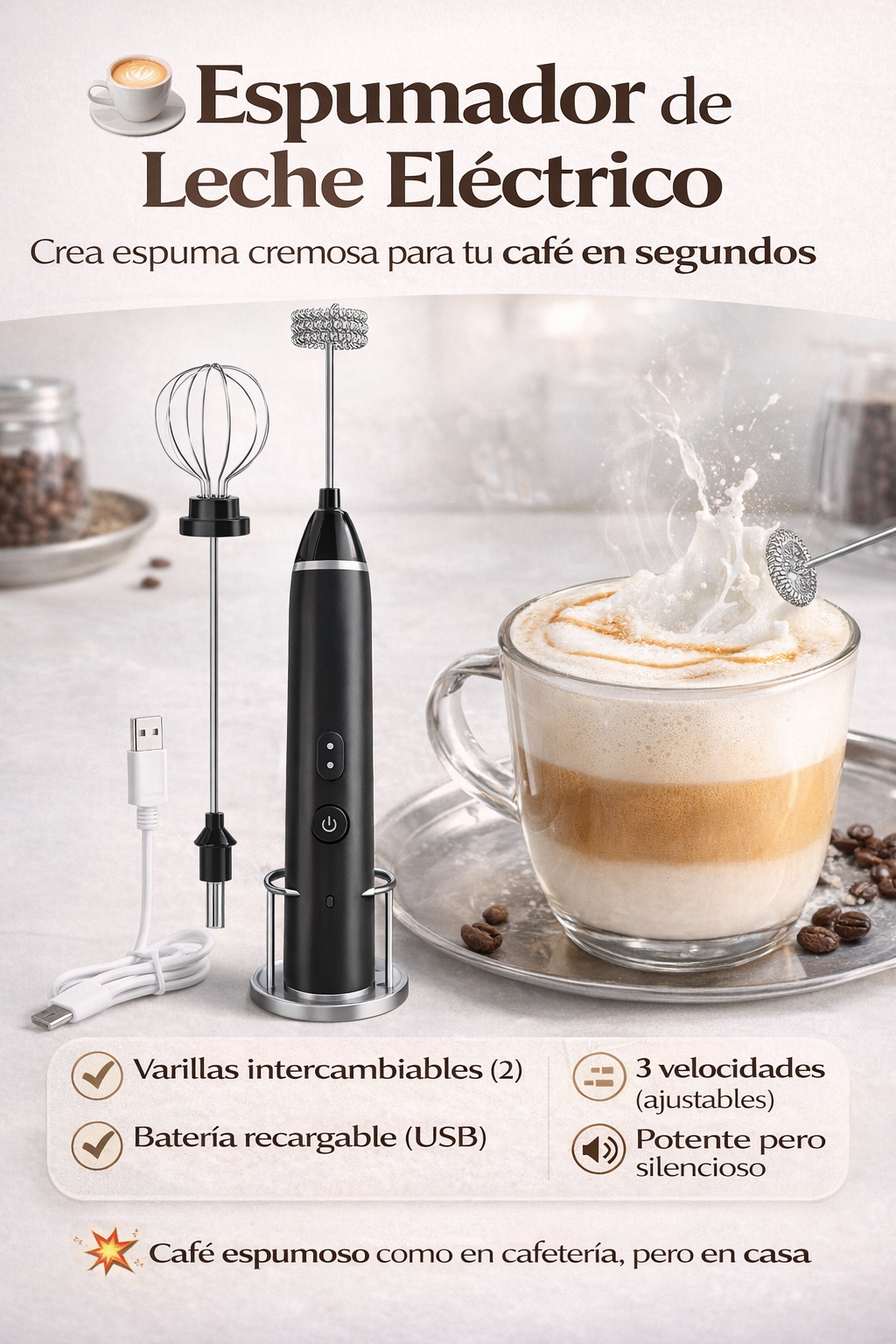 ☕ Espumador de Leche Eléctrico Recargable – Café Tipo Cafetería en Casa