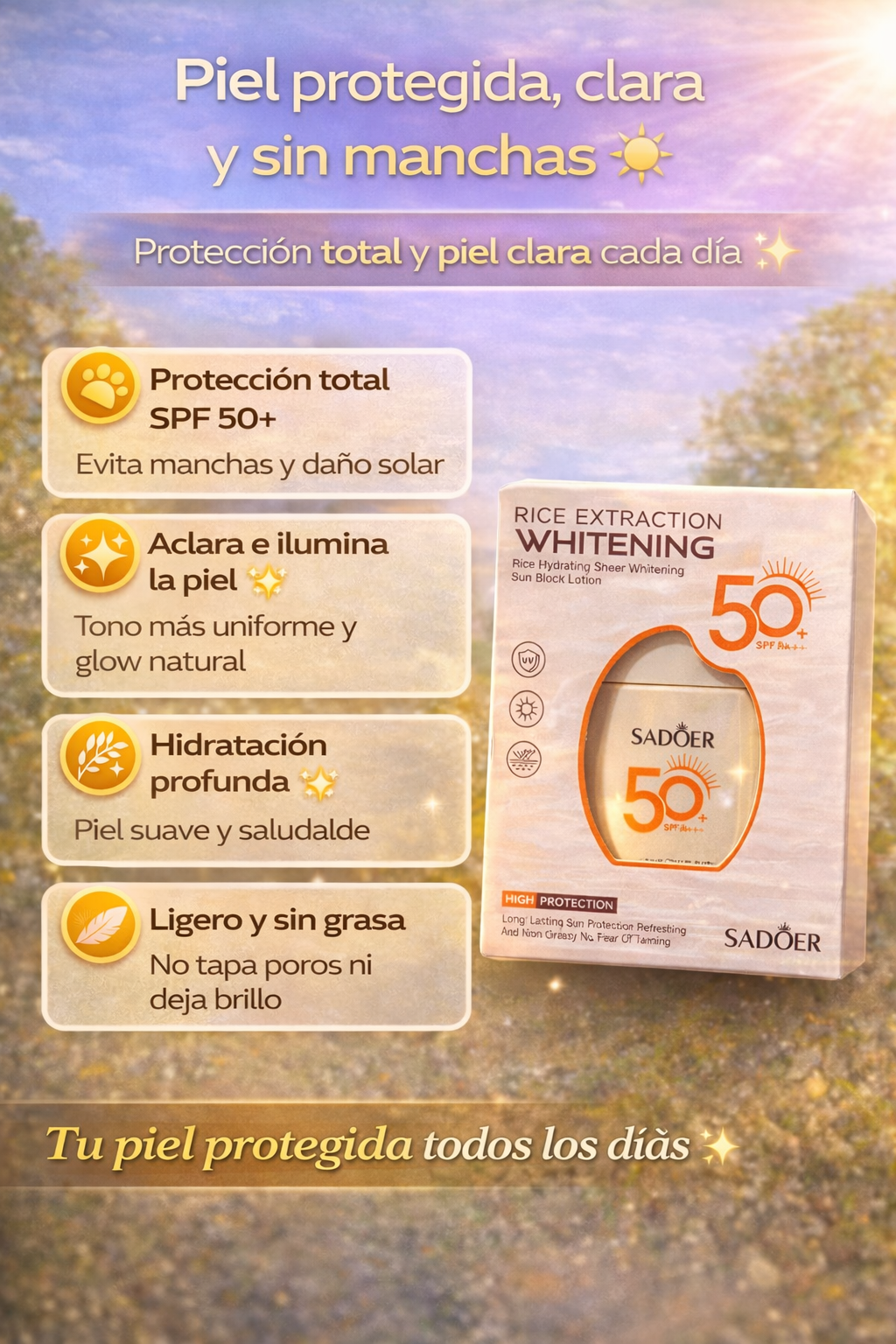 ☀️ Rice Whitening SPF 50+ – Protector Solar Hidratante con Extracto de Arroz